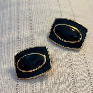 Black and Gold Clip-On Earrings, post earrings, black enamel
Earrings, Mod